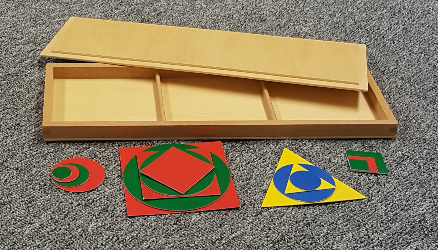 Geometriska figurer med låda i trä