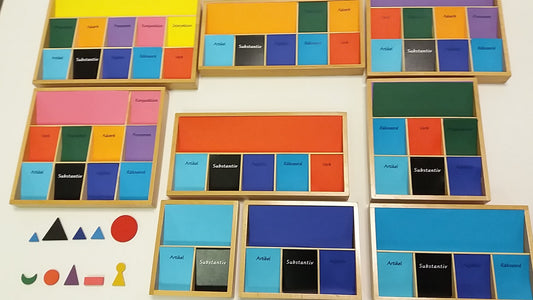 Grammatiklådor i trä med samma färger som grammatiksymbolerna i trä med Artikel och Räkneord, 9 lådor