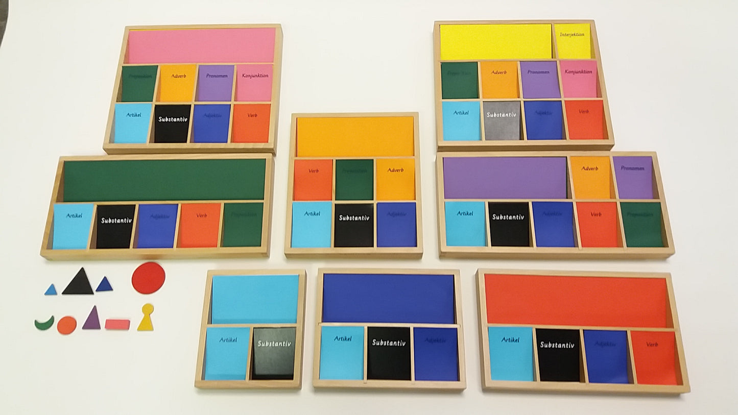 Grammatiklådor i trä i samma färger som grammatiksymbolerna i trä, utan Räkneord 8 lådor